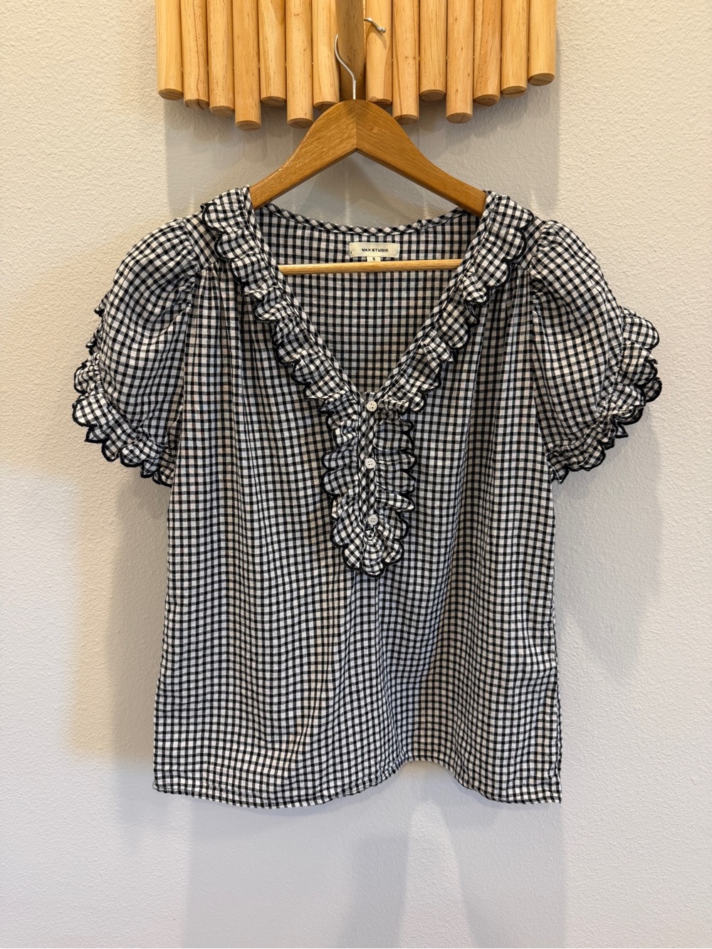 Max Studio Black & White Gingham Ruffle V-Neck Top